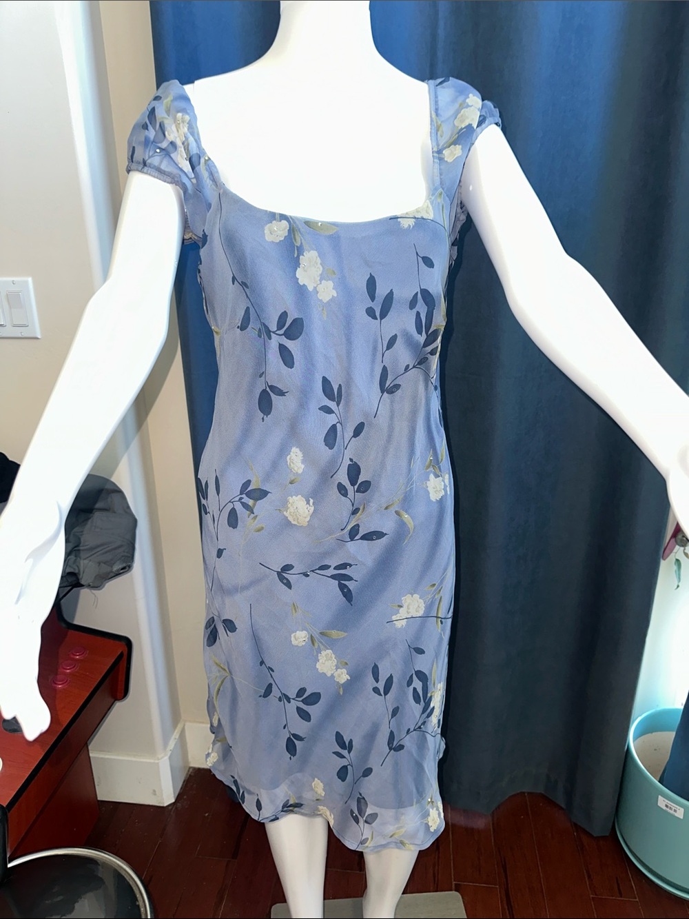 Vintage 90s All That Jazz Blue Floral Chiffon Midi Dress VTNG Sz 5/6 Modern 0/2